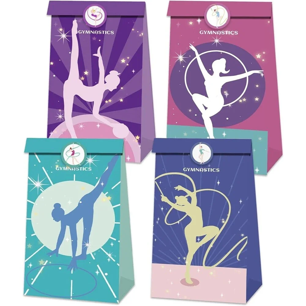 Set of 12 Gymnastics Party Candy Favor Bags with Stickers, Recyclable Gymnastics